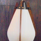 Italian hanging lamp in brass opaline and teak from the 70s