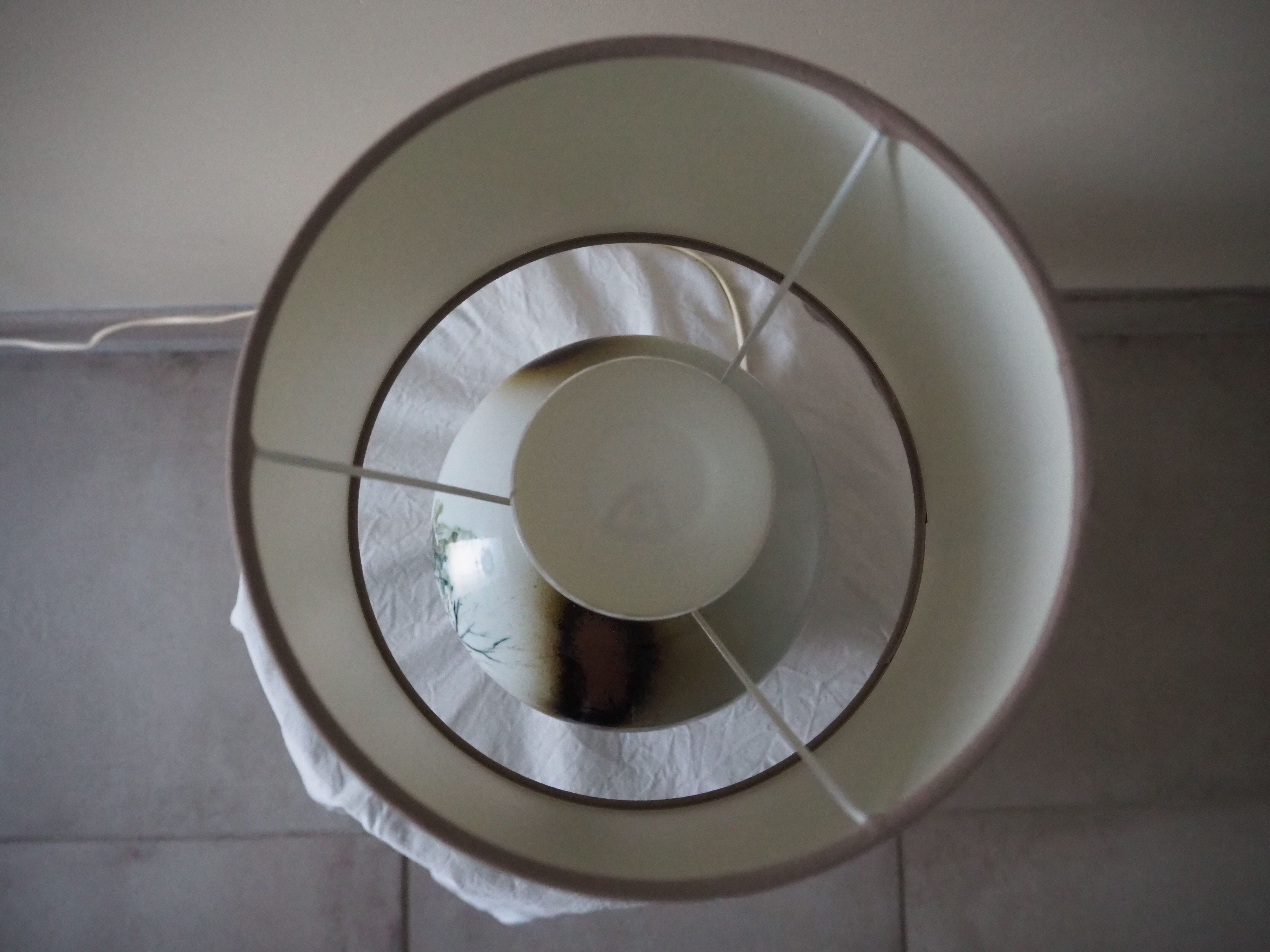 Enamelled ceramic ball lamp signed bossis and fabric lampshade