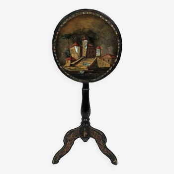 Small Napoleon III tilting pedestal table, black lacquered wood with landscape decoration and burgots