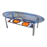 Coffee table with smoked glass and ceramic tops, chrome metal base.
