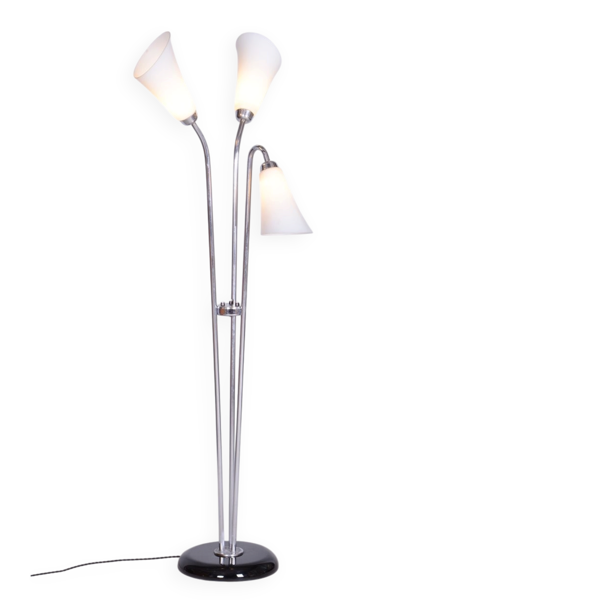 Czech Art Deco Floor Lamp in Chrome, Opal Glass and Lacquered Wood, 1930s