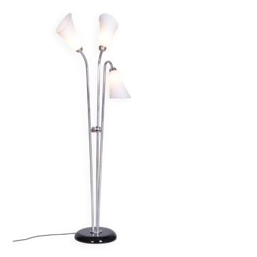 Lampe de sol Art Déco tchèque en chrome, verre opale et bois laqué, années 1930