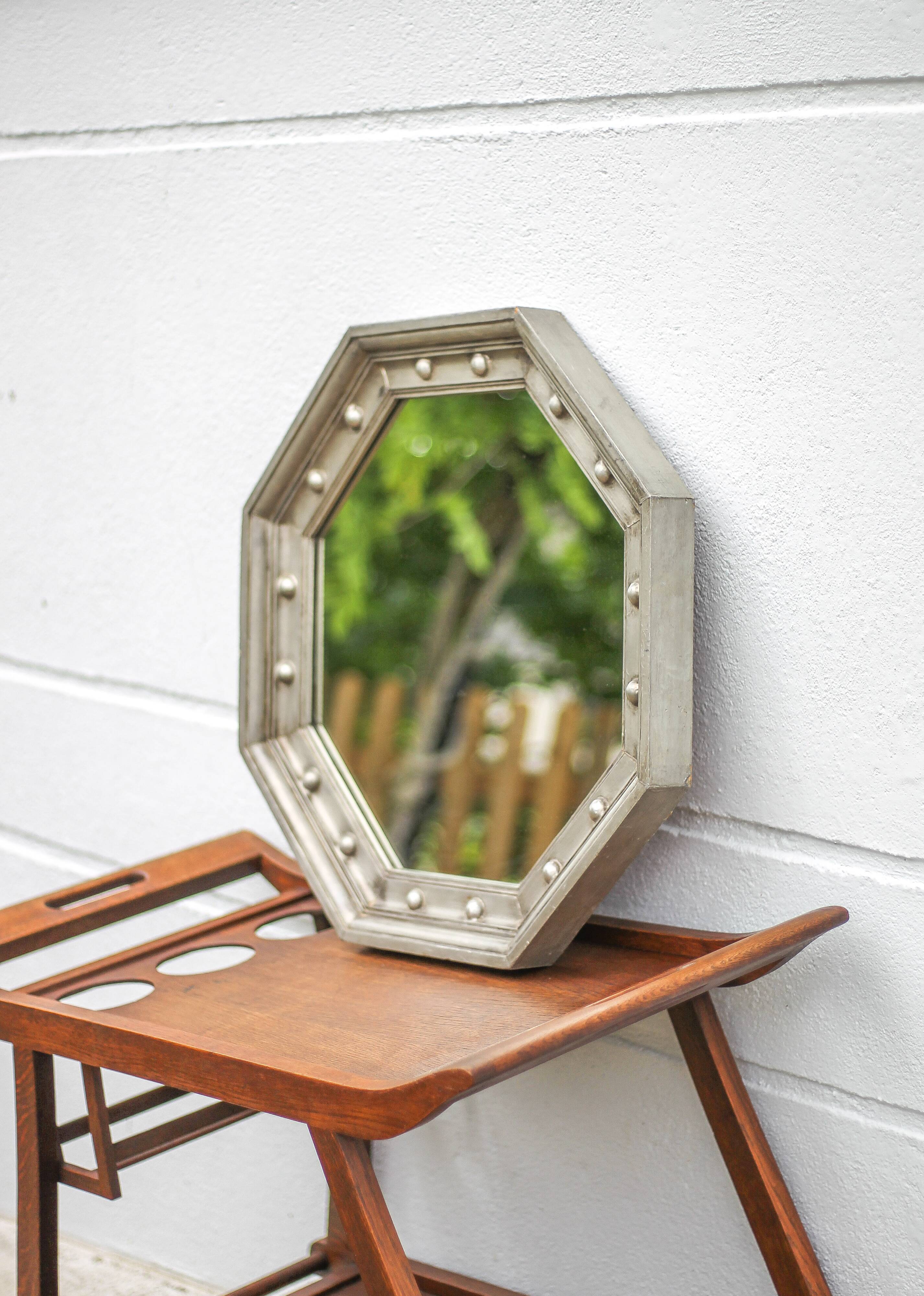 Vintage mirror, wooden mirror covered with tin, tin mirror from the 60s