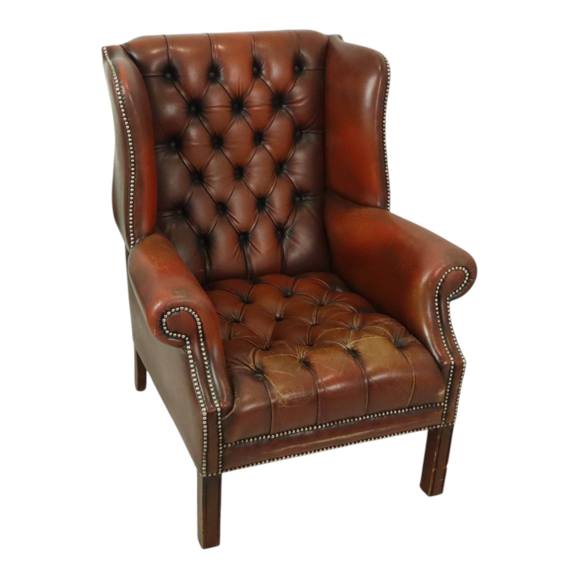 Antique Chesterfield armchair Brown leather wingback chair