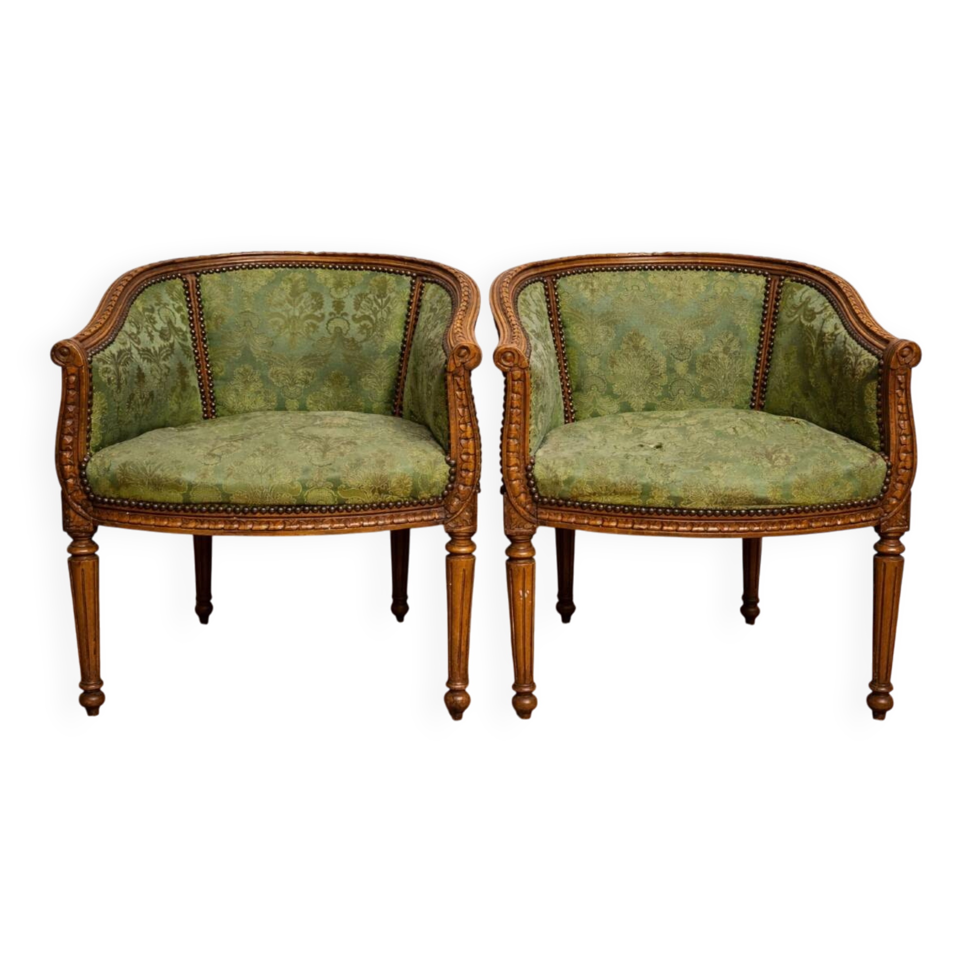 Pair of antique armchairs in Louis XVI style – green damask fabric