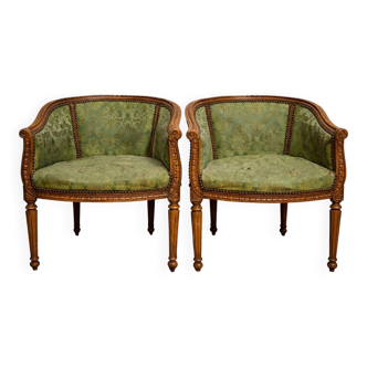 Pair of antique armchairs in Louis XVI style – green damask fabric