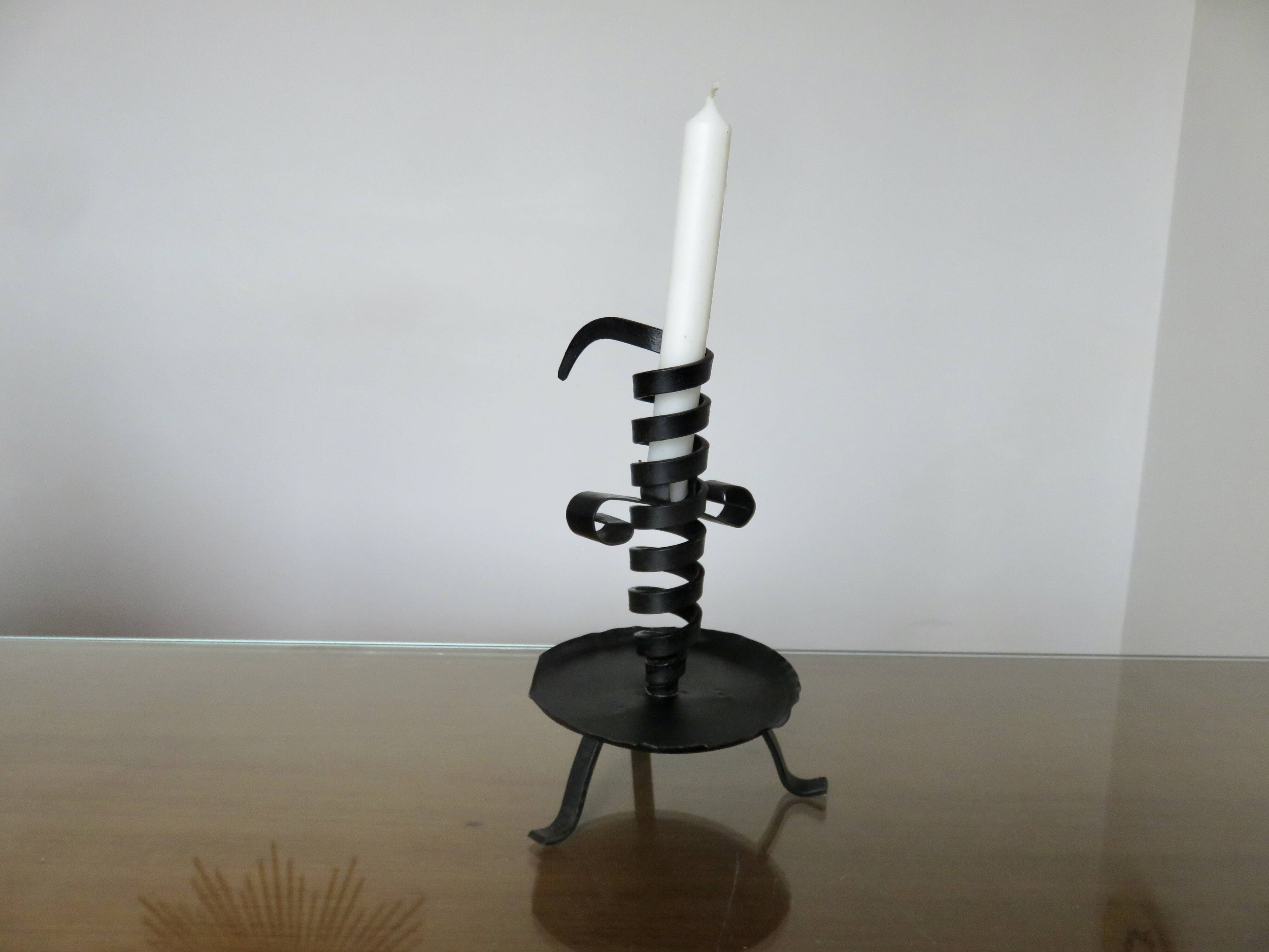 Medieval candlestick, blackened wrought and hammered iron, very good condition