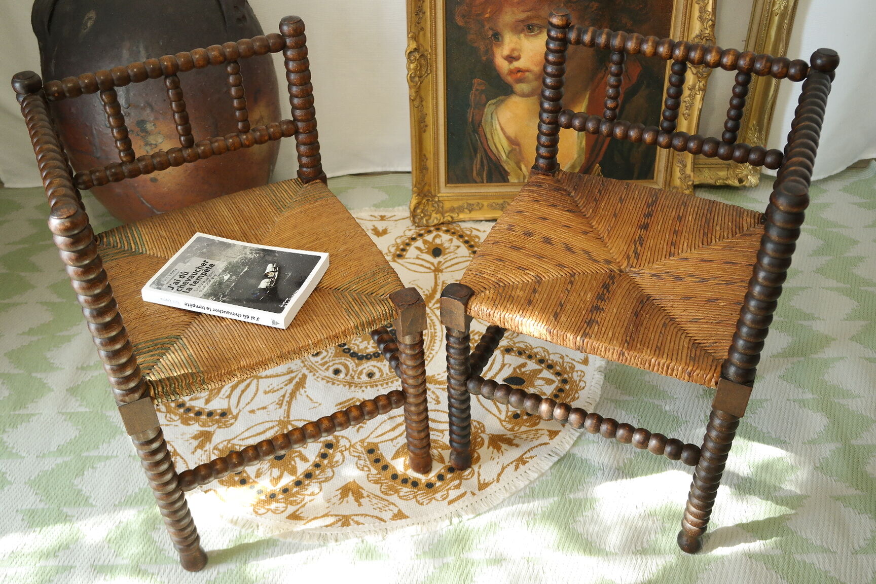 Pair of chairs corner fireplace turned beaded wood