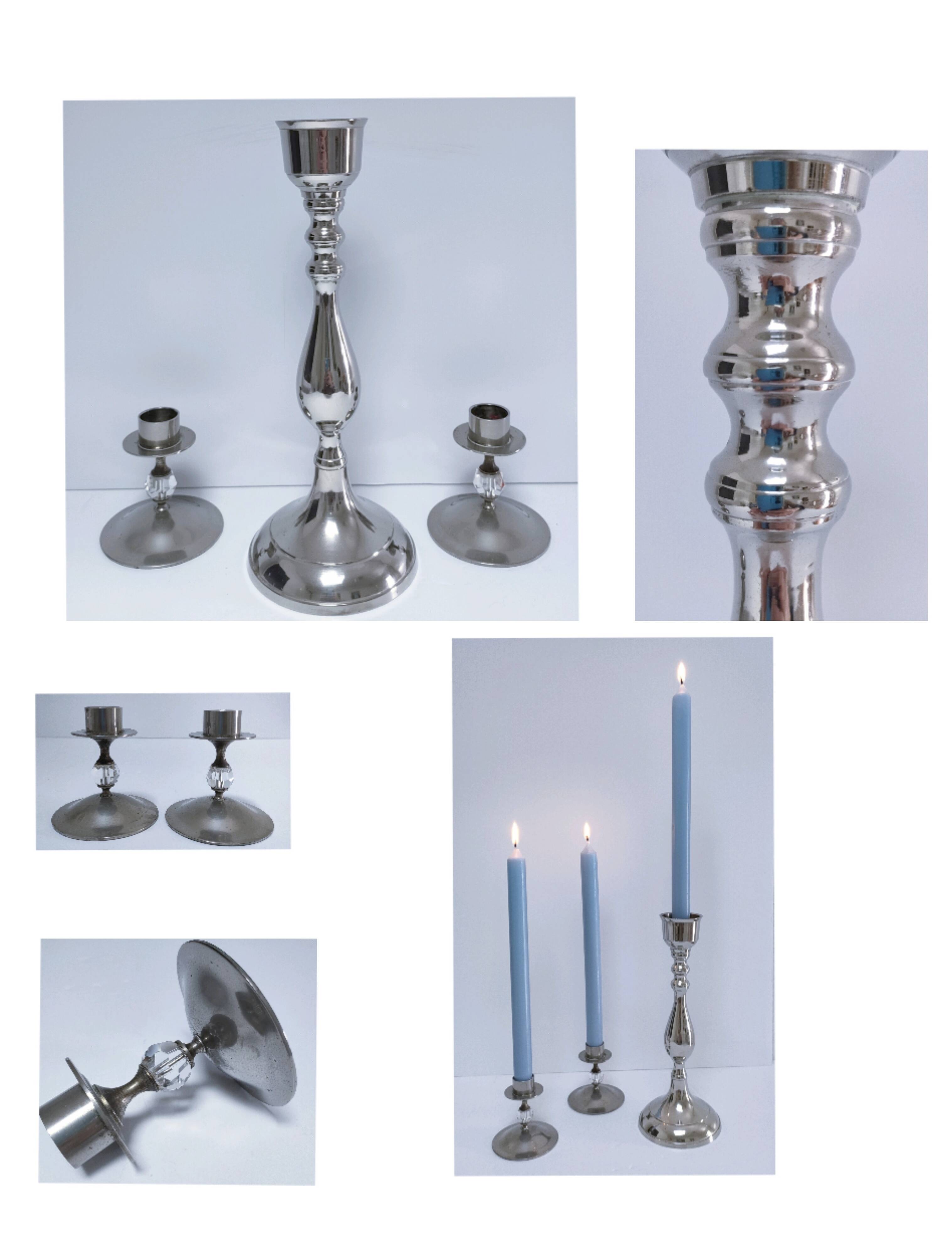 Three vintage metal chrome glass candlesticks