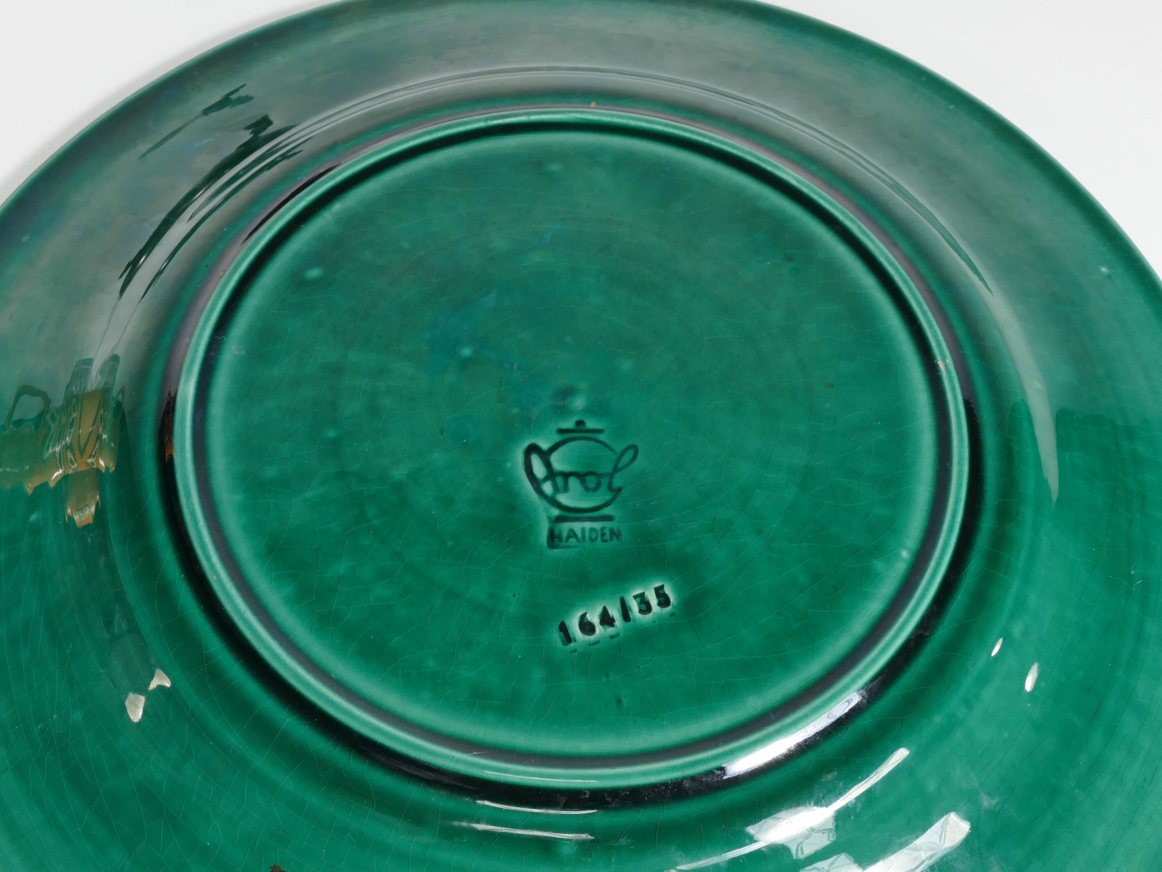 Large Scandinavian Modern Green Plate, Arol Ceramic, Halden Norway, 1950s