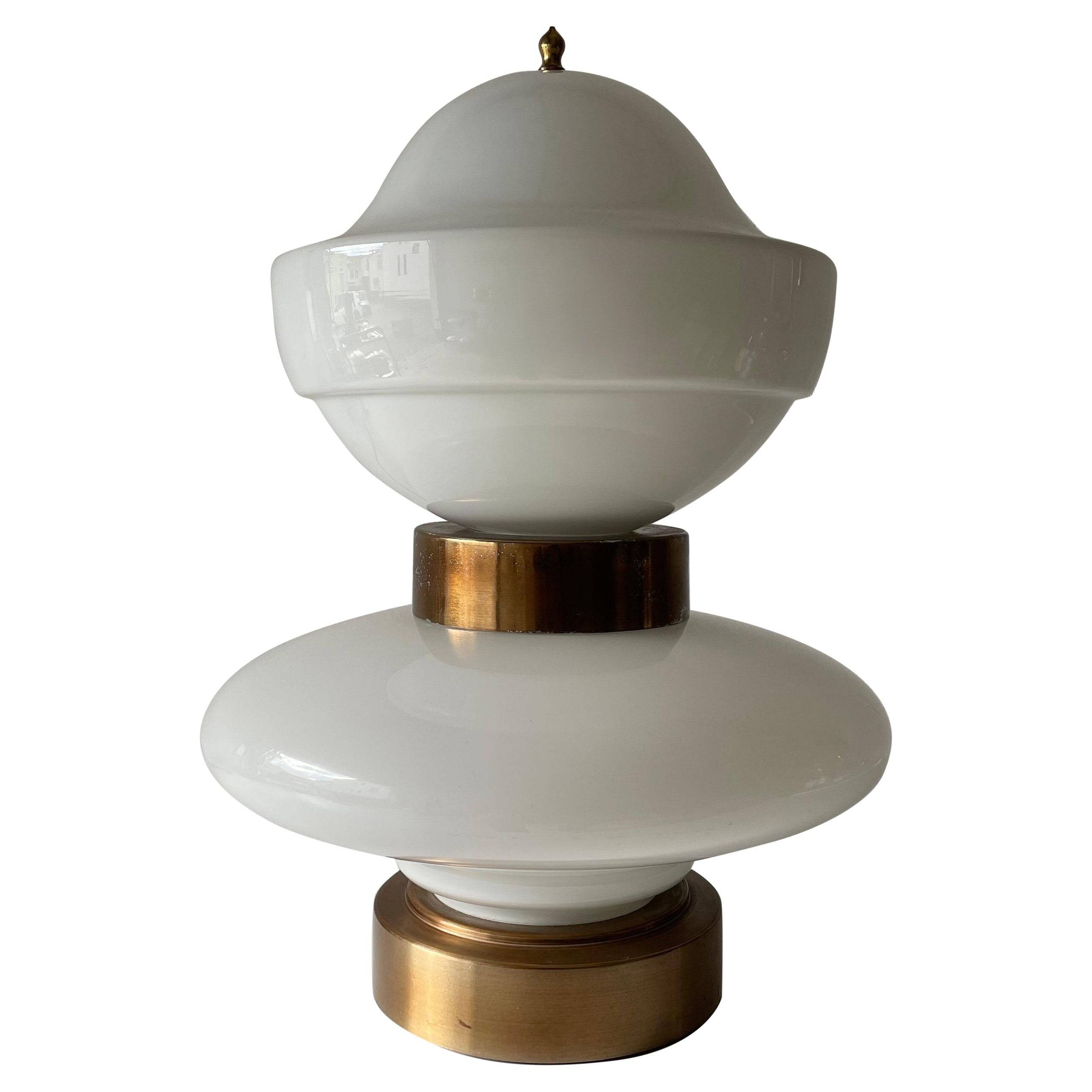 Large table lamp or floor lamp in opal glass and brass body, 1960s, Italy.
