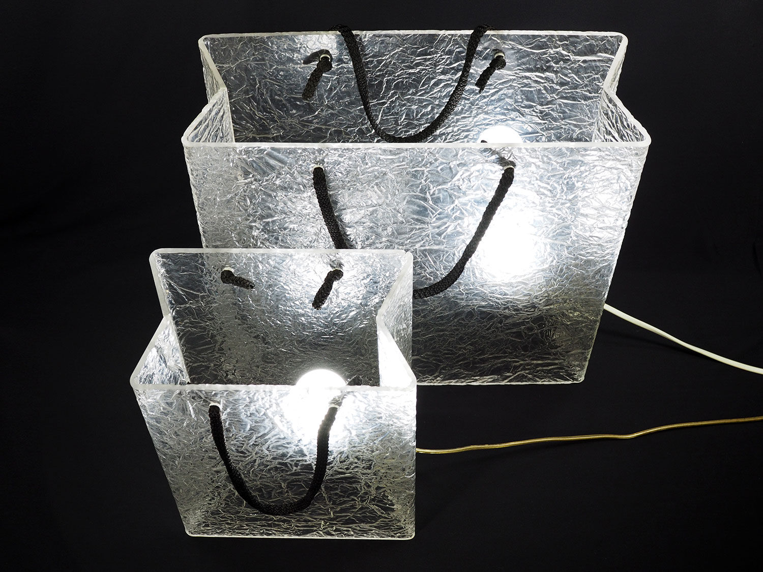 Lucite shopping bag lamps mid-century, set of 2
