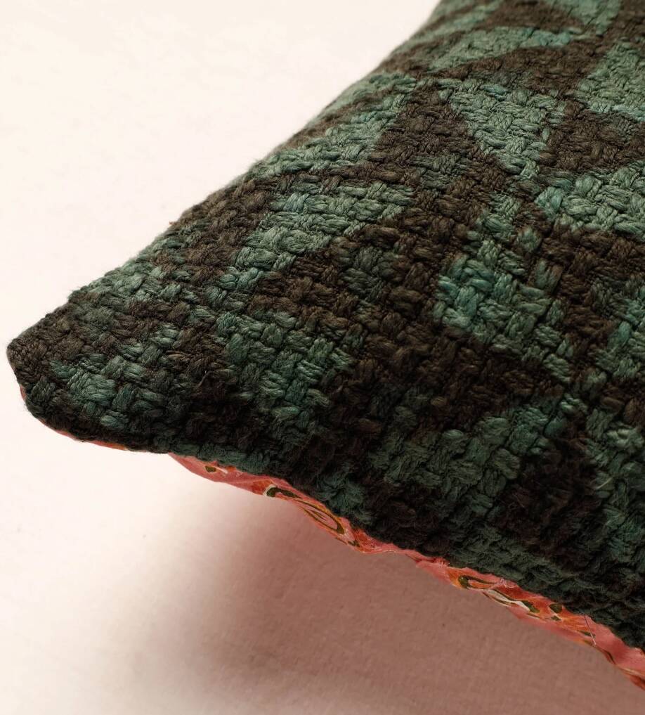 Handwoven Indian Kantha Cushion Cover in Green and Black