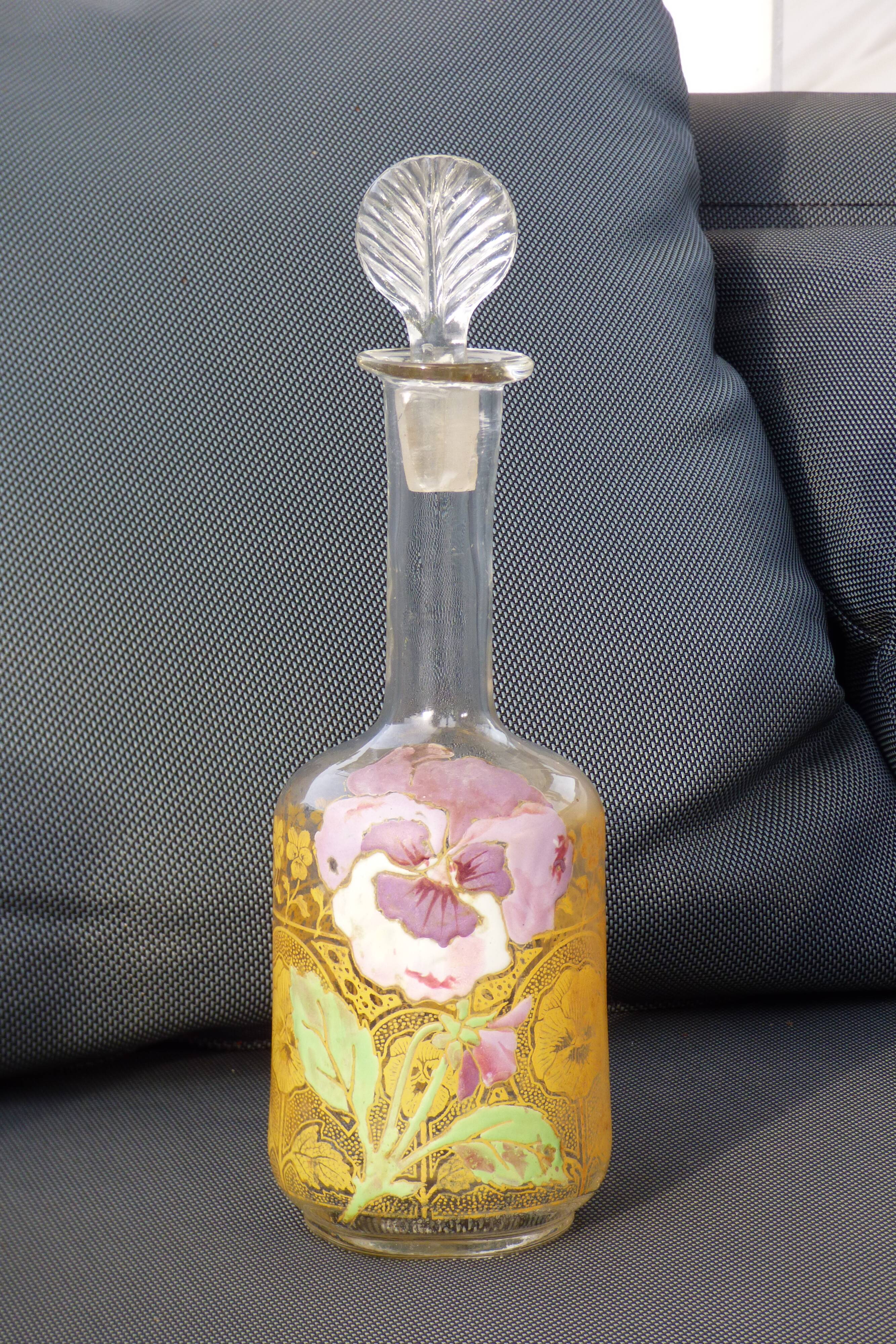 LEGRAS carafe, enamelled with pansy flower.