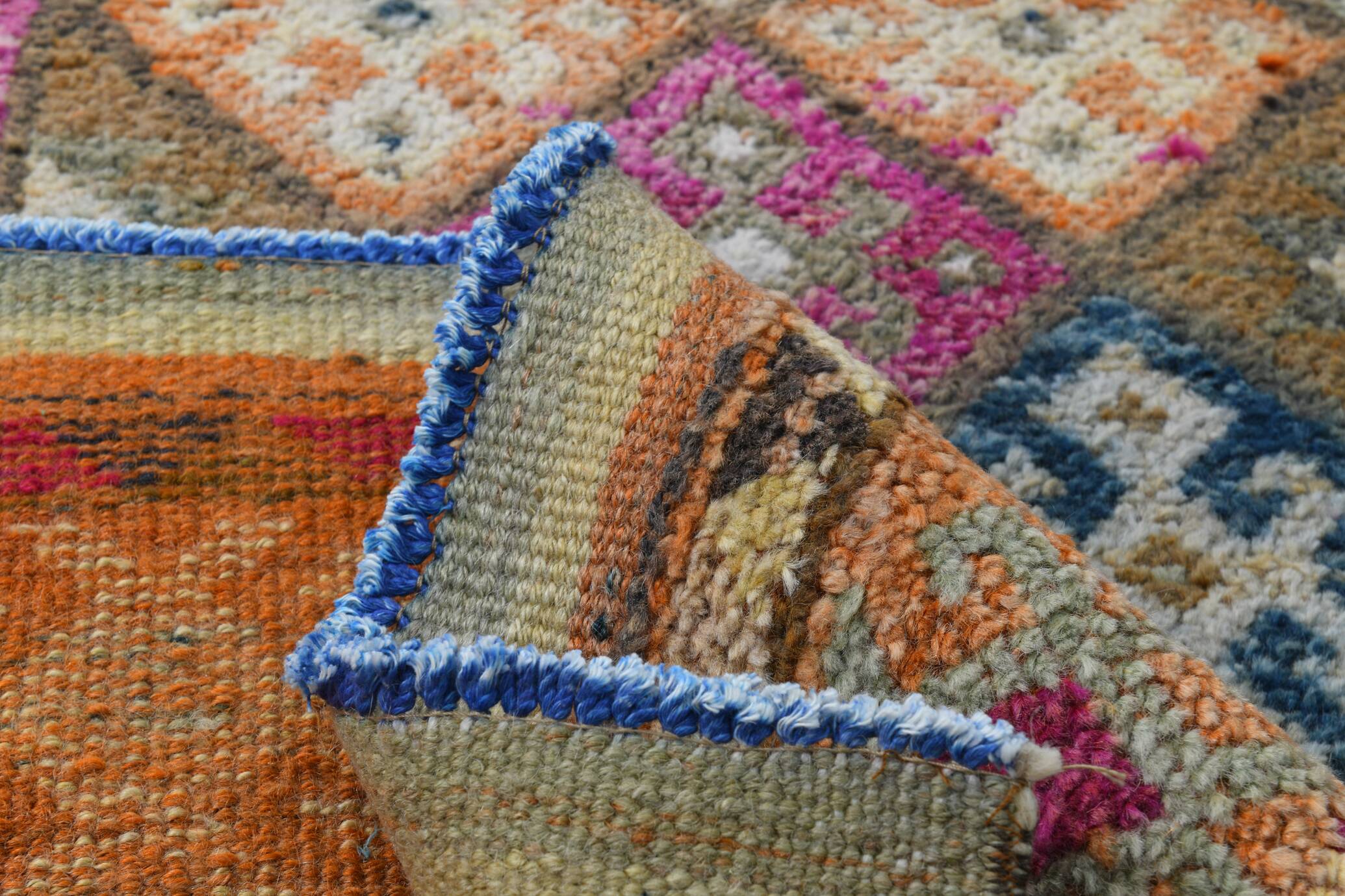 Blue Pink Geometric Oushak Runner Rug, 80x302Cm