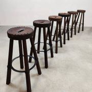 Tabourets de bar brutalistes en bois et cuir, Espagne 1970