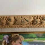 Oil on canvas young girl with chickens