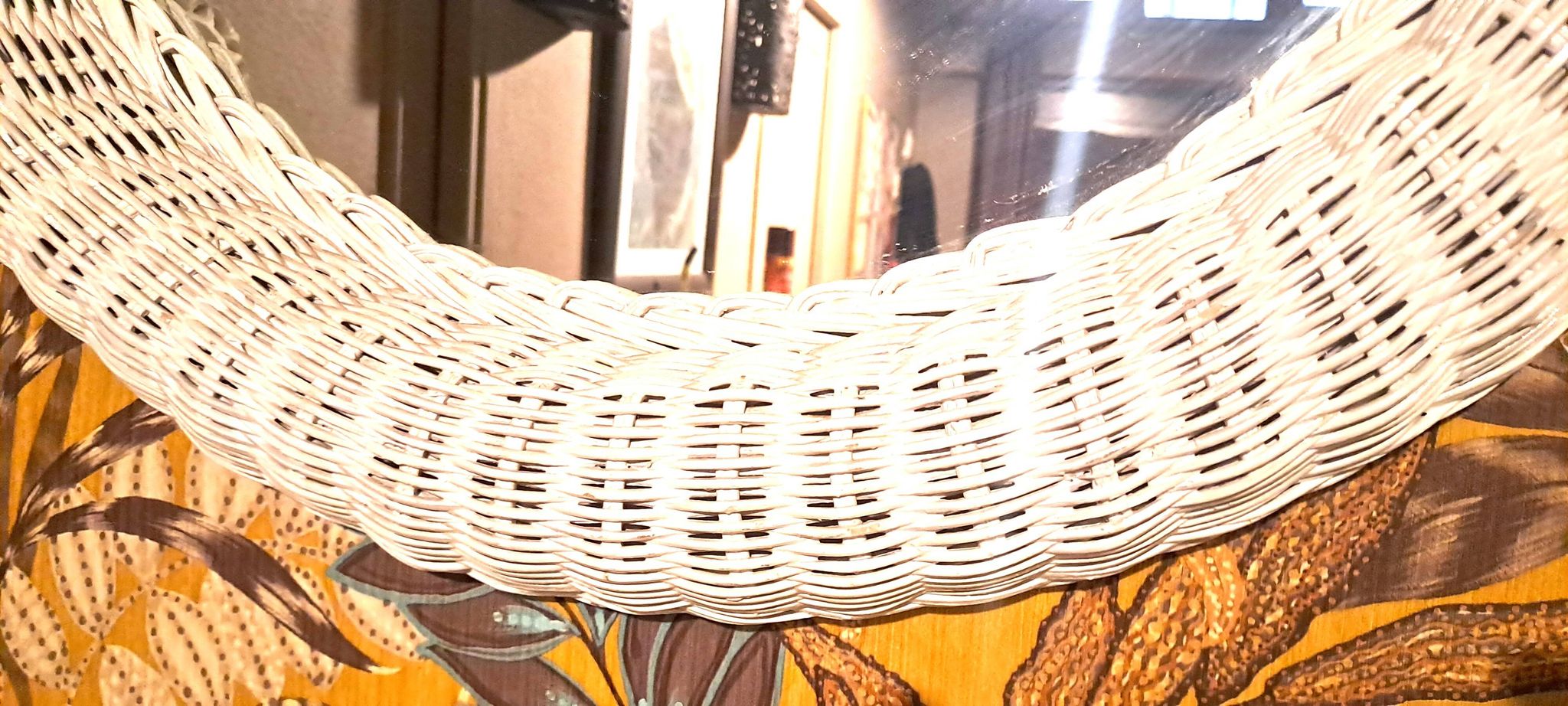 White rattan mirror, 1970s, France, decorative item for entryway or bedroom, large mirror