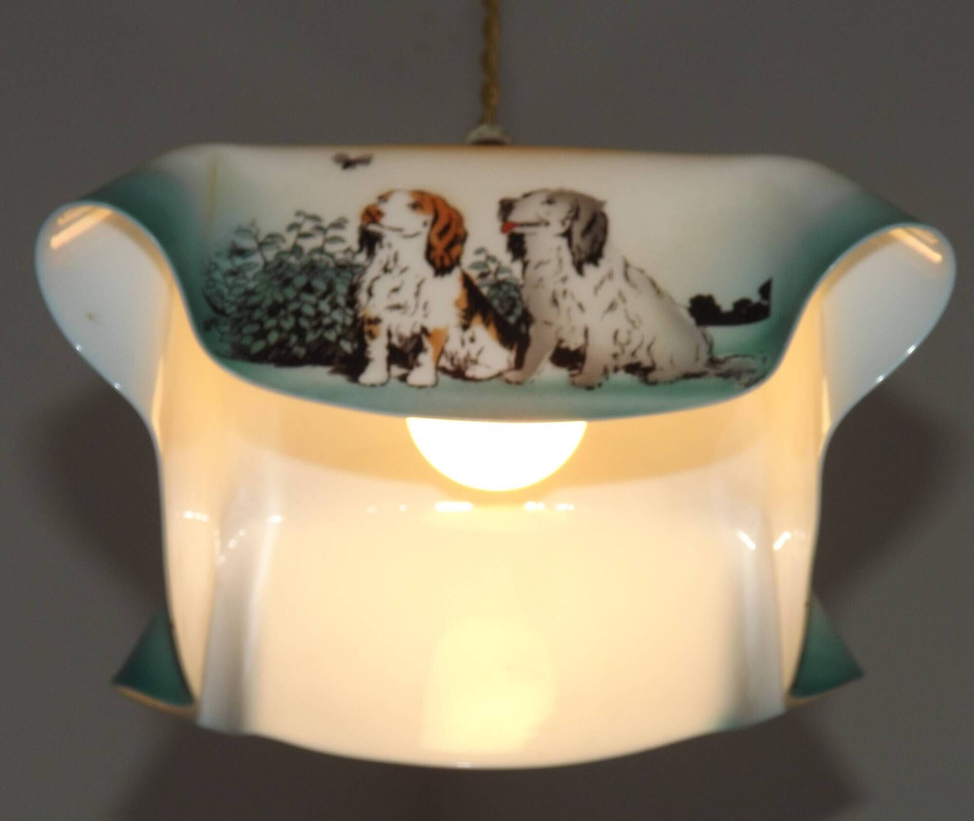 Rare French Art Deco Pendant Light | Illustrated Dog Countryside Shade