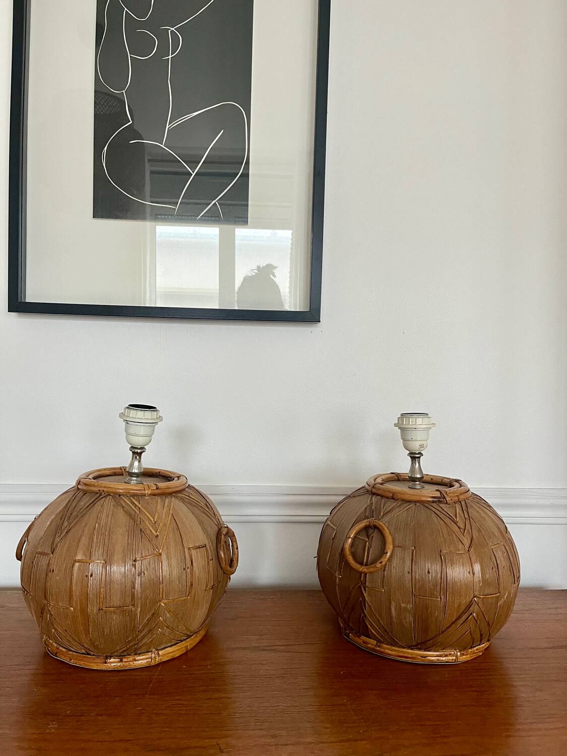 Pair of vintage rattan ball lamp bases