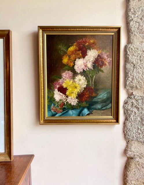 Ancient painting, dead nature with dahlias, signed, dated, late 19th century