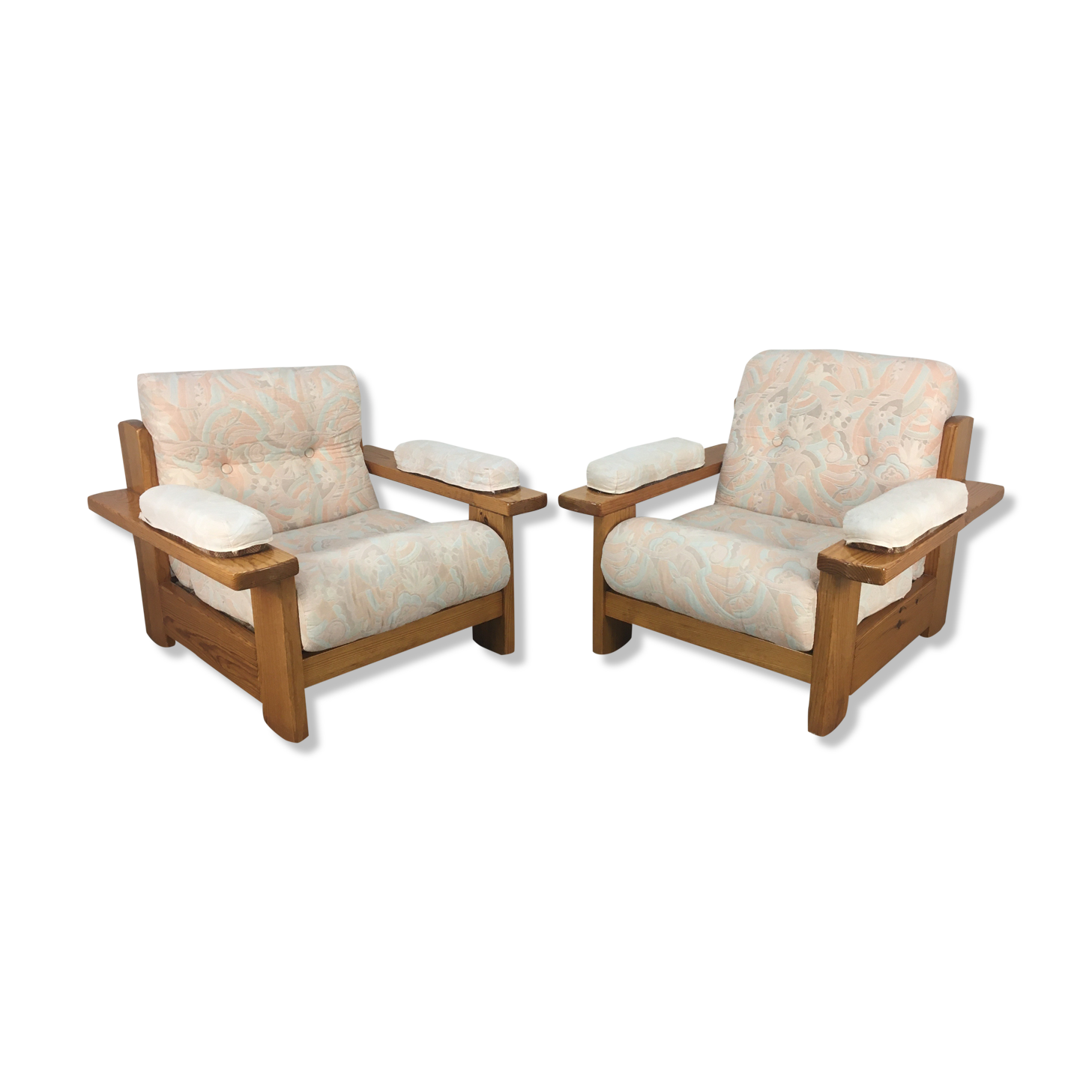 Pair of brutalist armchairs solid pine 60s-70s