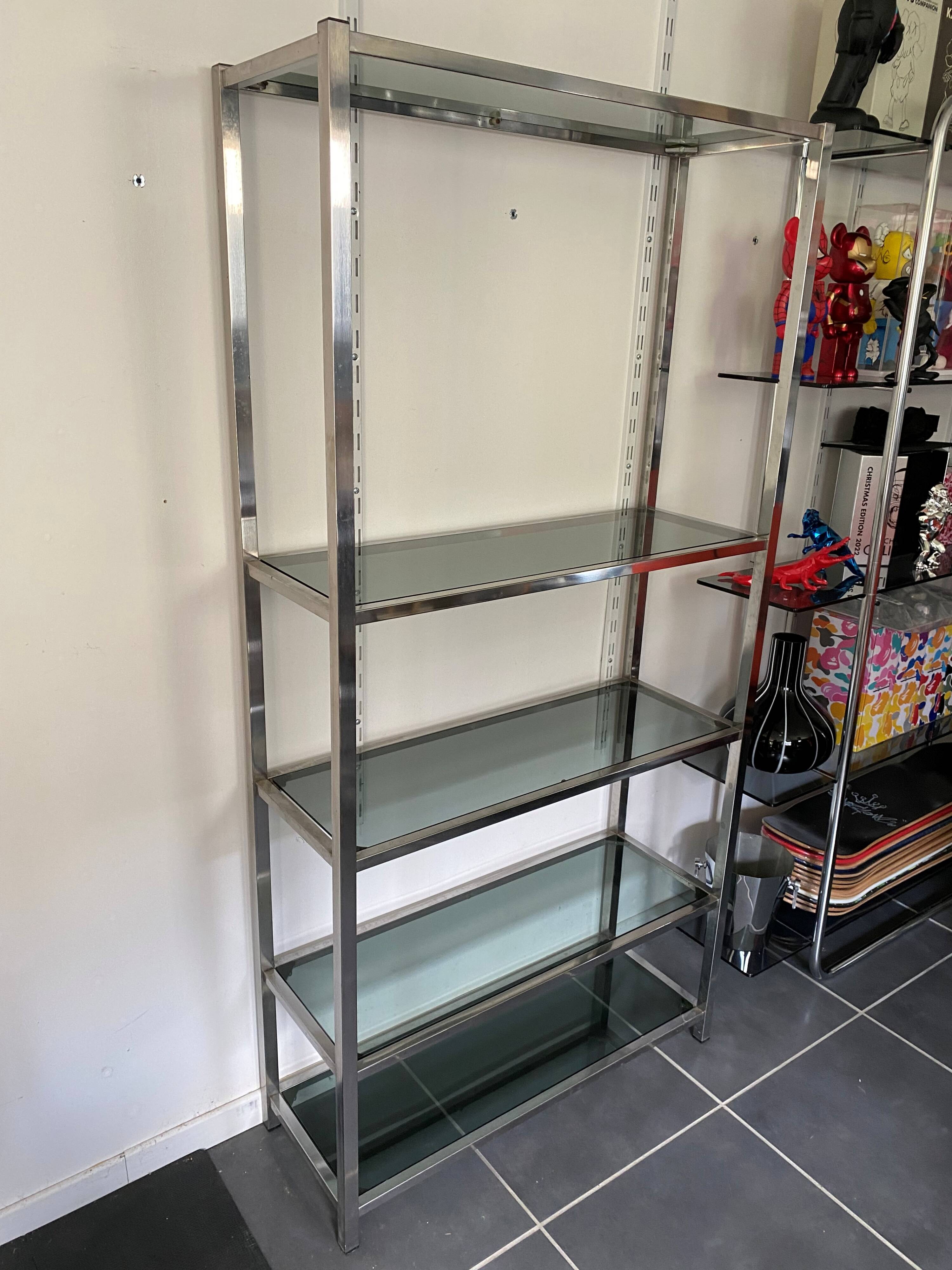 Vintage 1970s modular glass and chrome wall shelf display cabinet