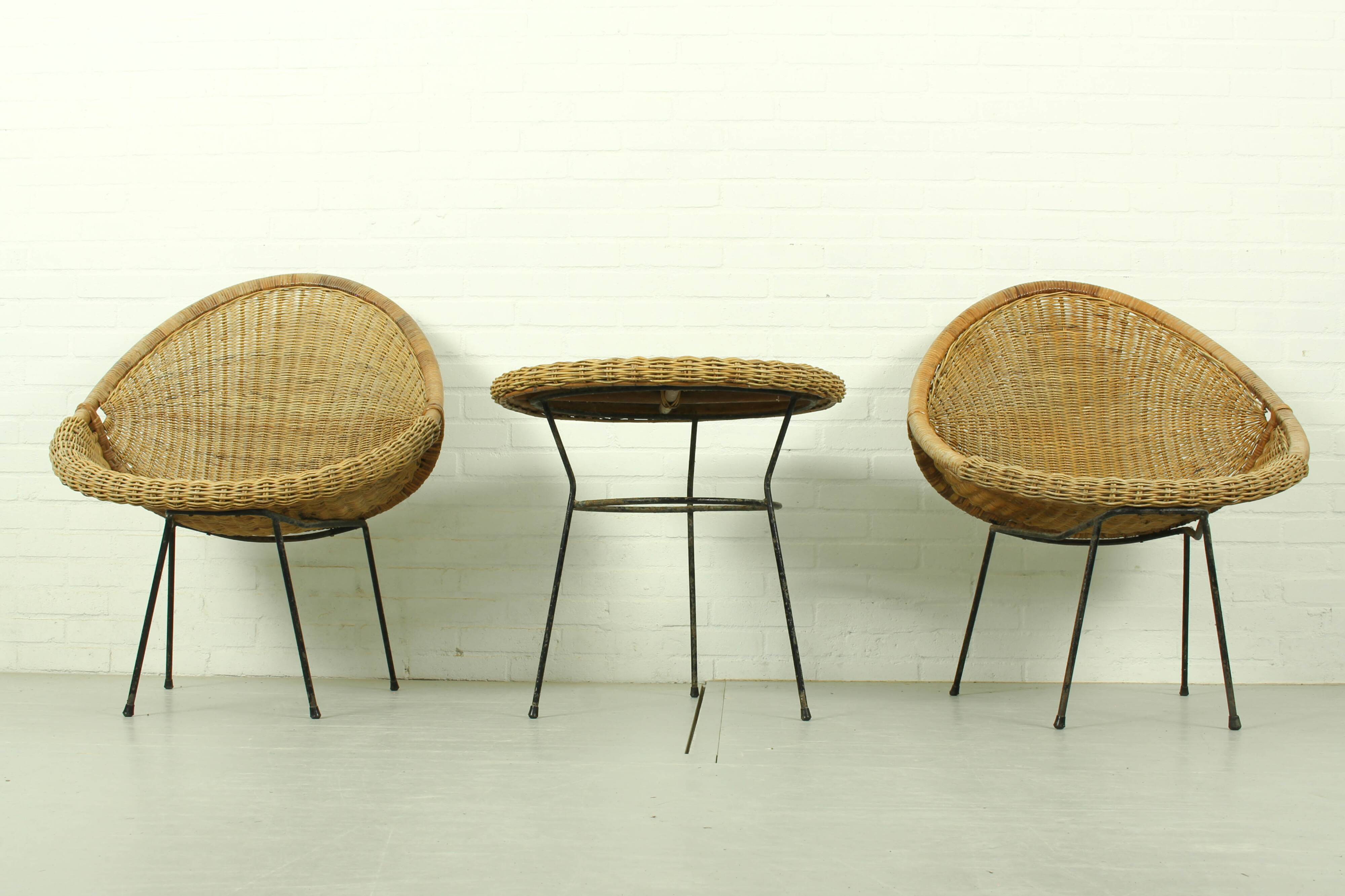 1950s Italian Rattan Basket Chairs & Matching Bistro Table Set