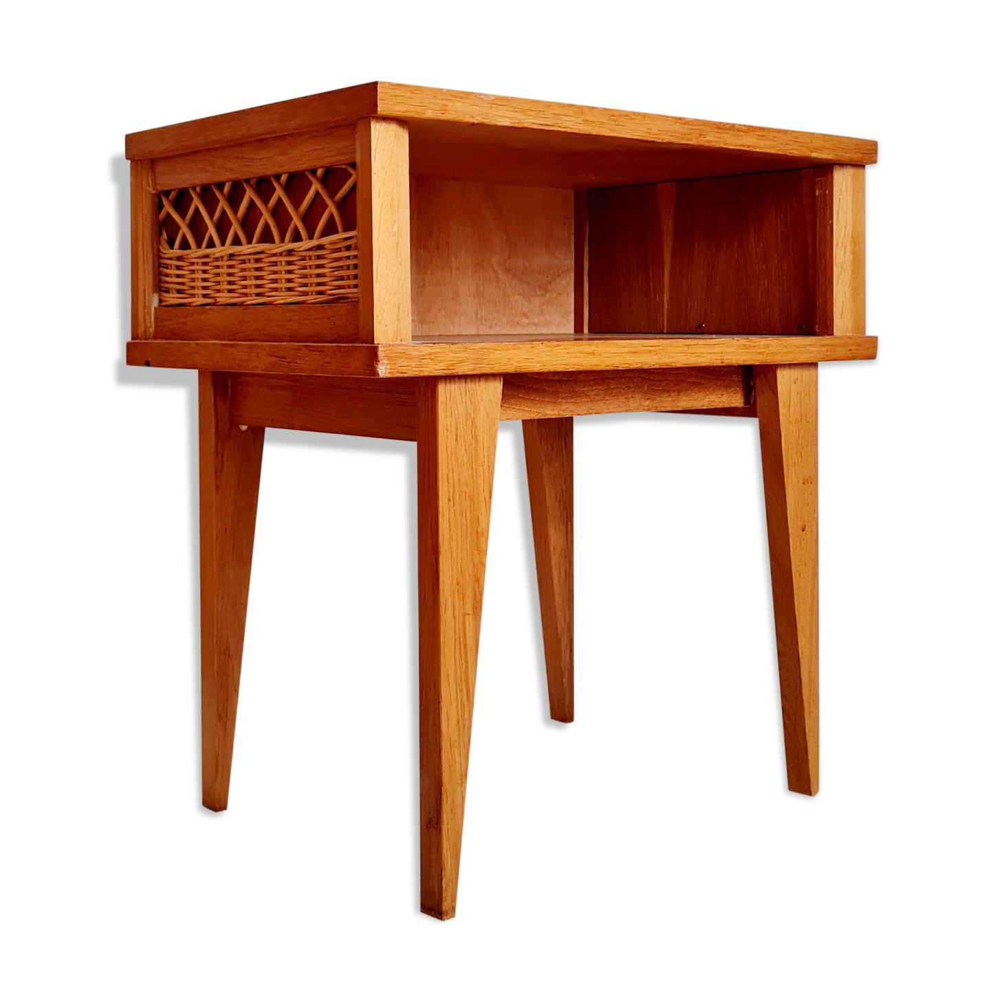Bedside table wood and rattan compass feet
