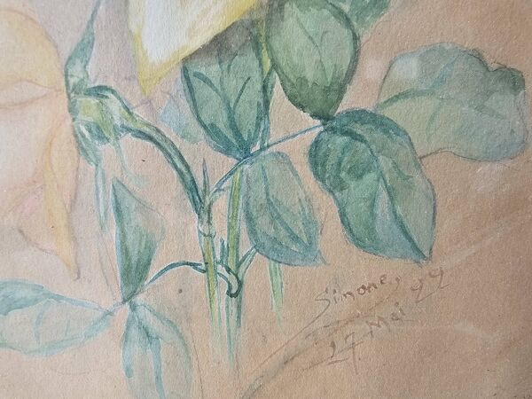 Tableau Aquarelle Fleurs roses Signé Simonne 1922 cadre bois doré