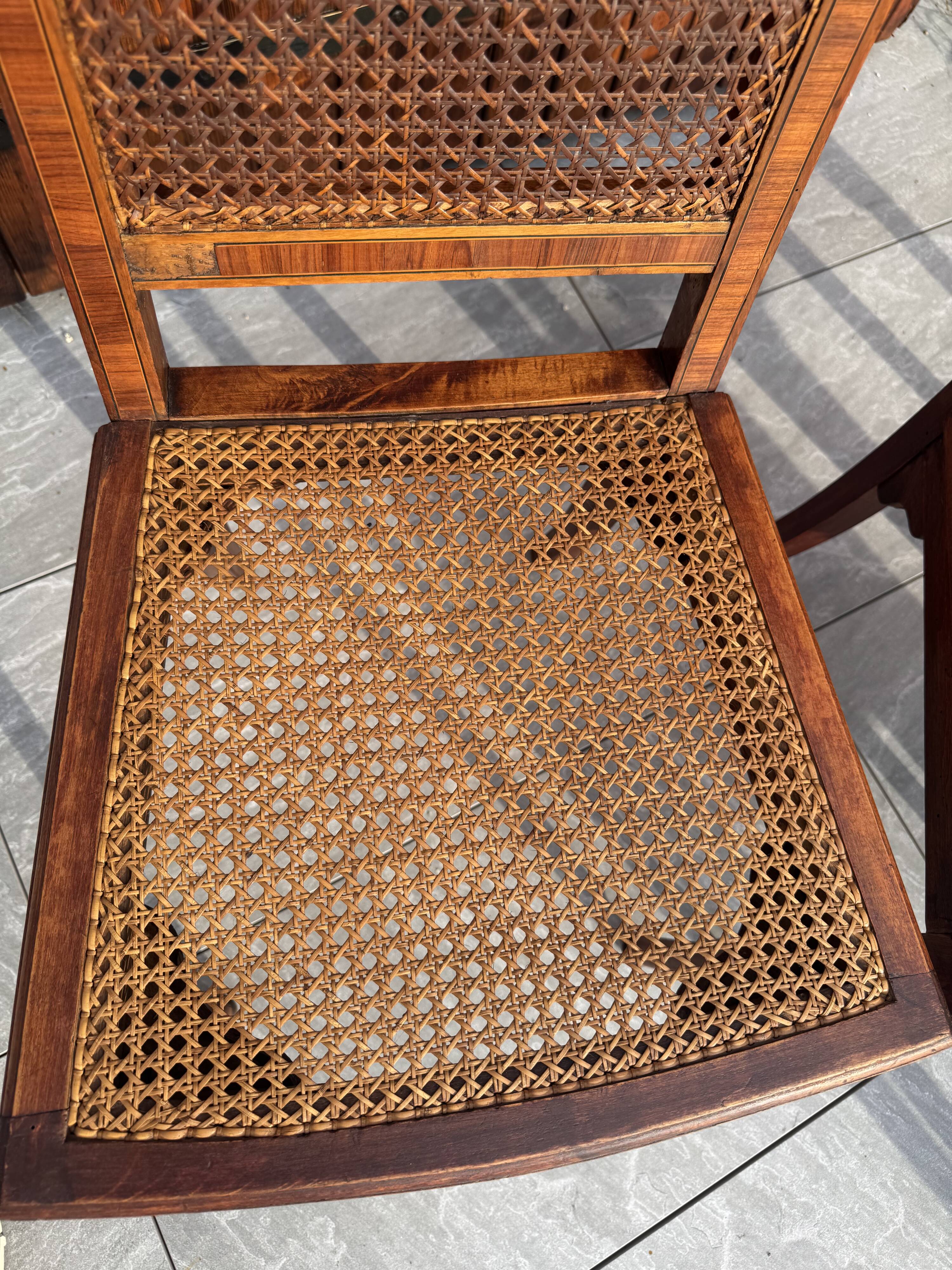 Set of four antique Louis XVI style chairs, wood and cane