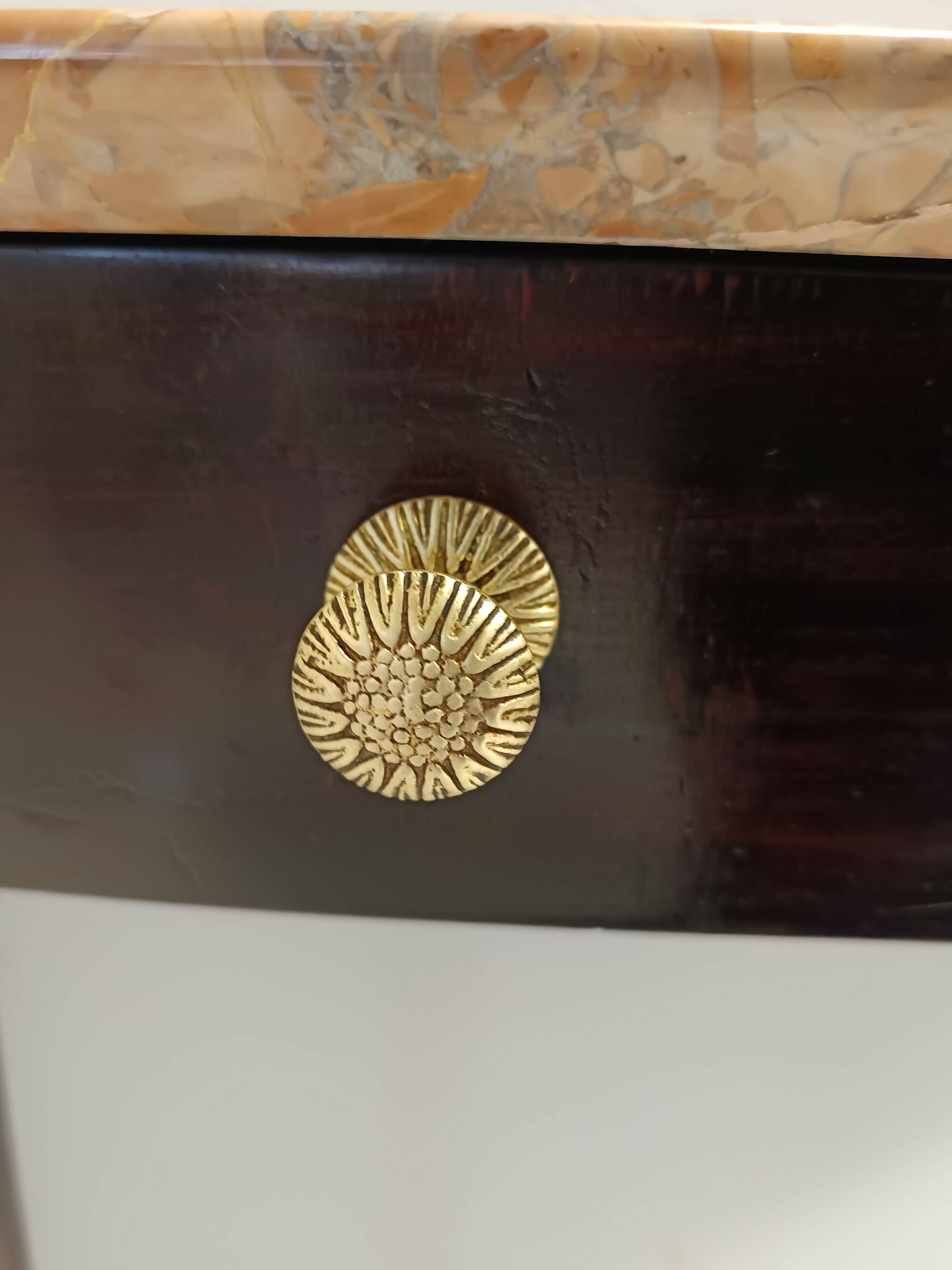 Ebonized Beech Console with a Demilune Macchiavecchia Marble Top attr. to Paolo Buffa