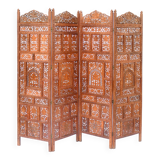 Indian screen with 4 leaves in teak wood with rich openwork decoration of grape leaves