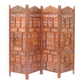 Indian screen with 4 leaves in teak wood with rich openwork decoration of grape leaves