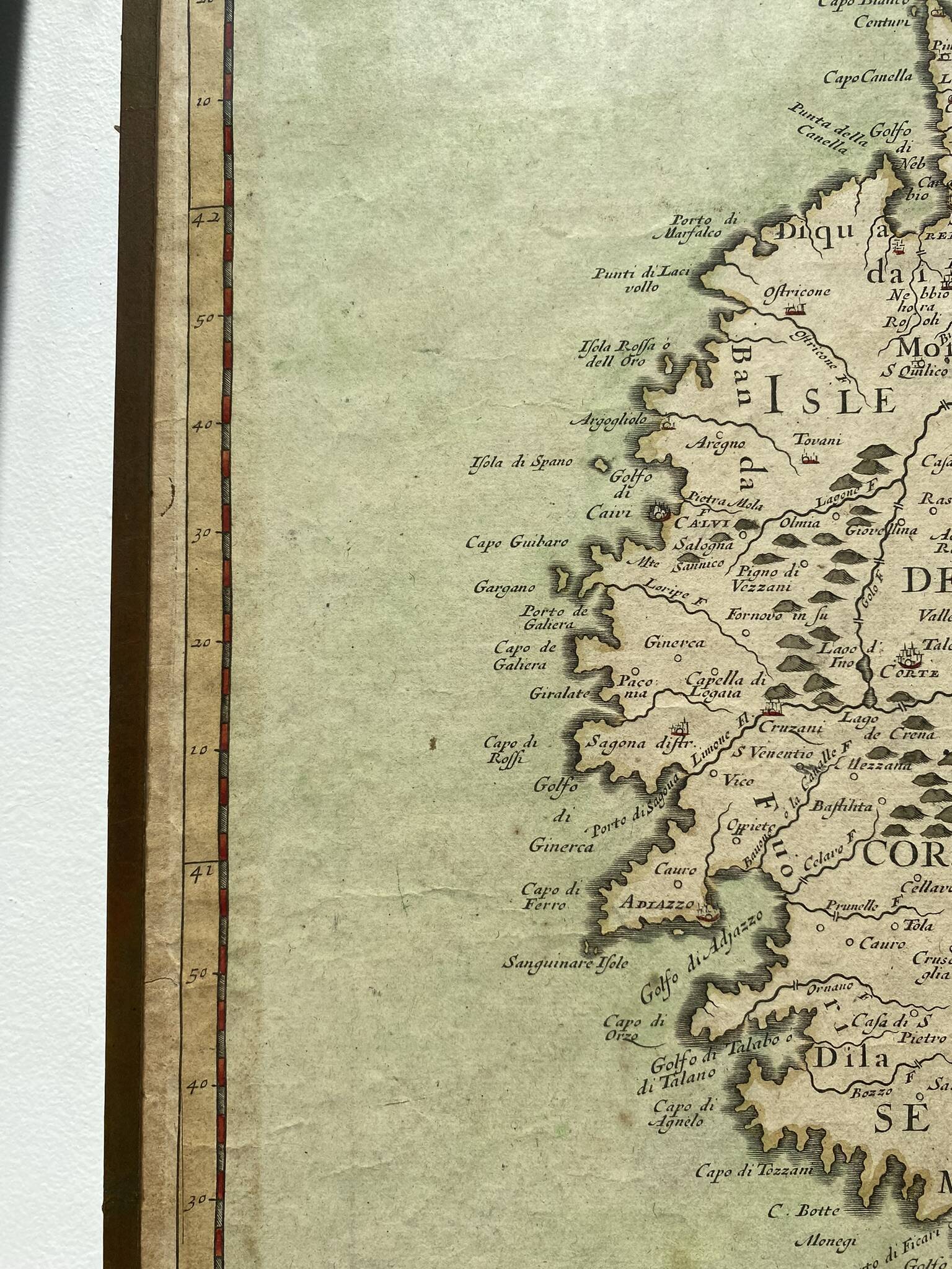 Old map of the Isle of Corsica framed under glass