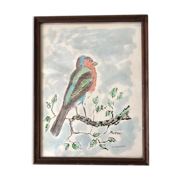 Aquarelle oiseau Pinson signée vintage