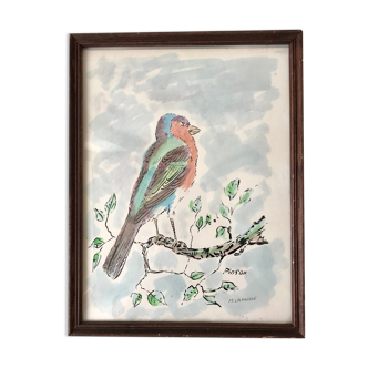 Aquarelle oiseau Pinson signée vintage