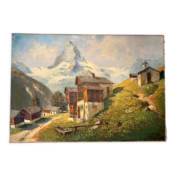 Tableau ancien, paysage de montagne Suisse signé H Herzer, milieu XX siècle