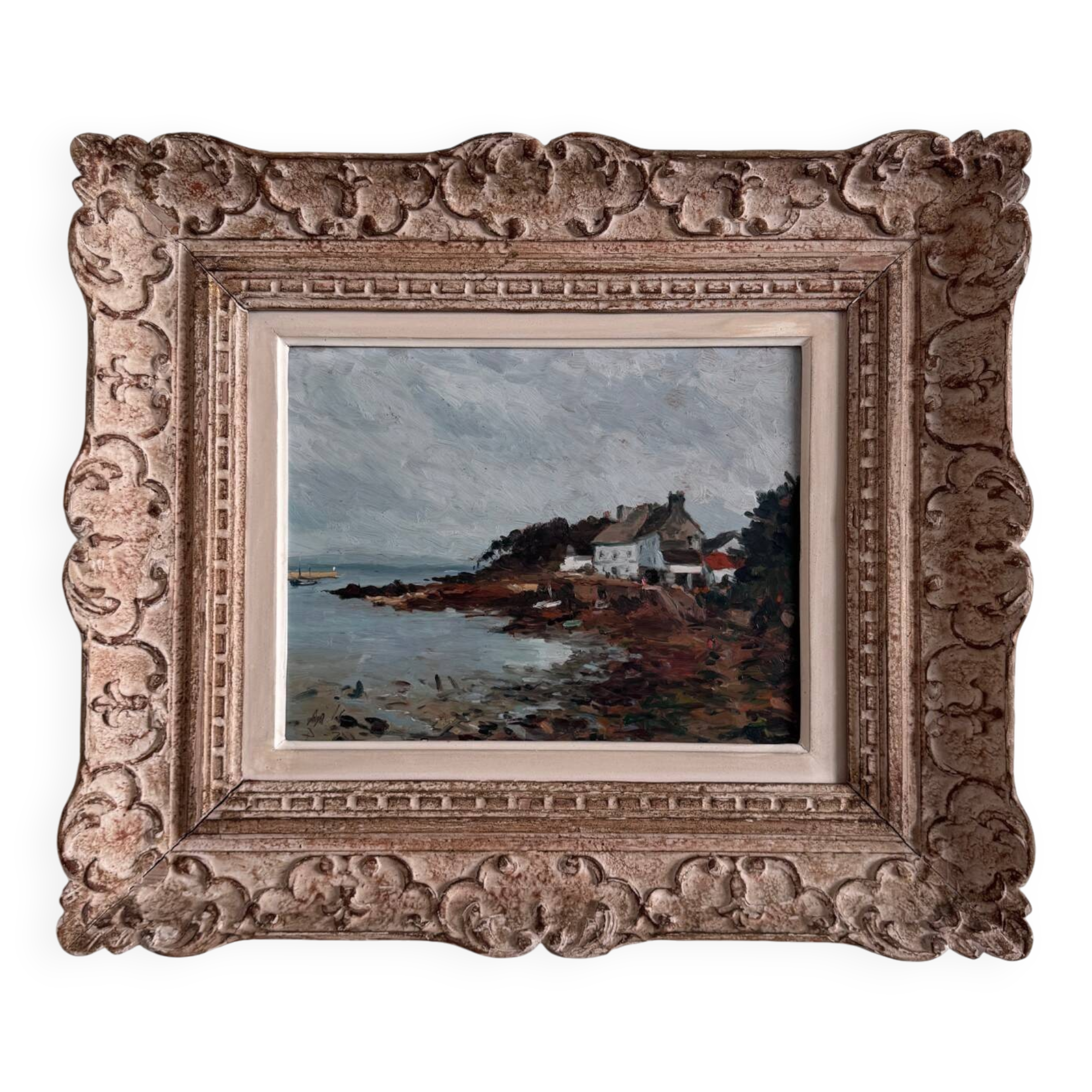 Oil on panel depicting a seaside in Brittany 20th century by Misdz