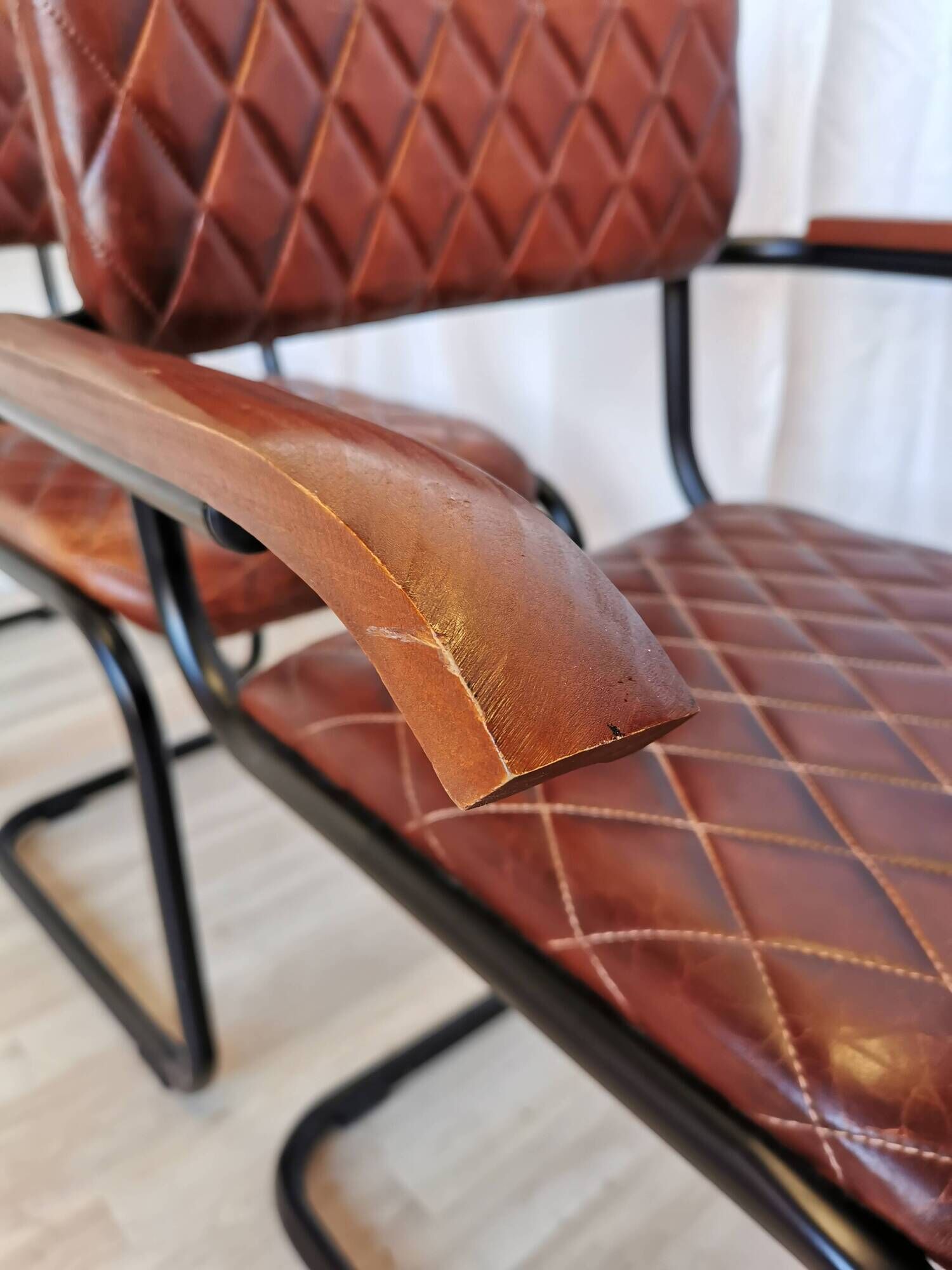 Set of 4 Vintage Quilted Leather Dining Chairs: Black Metal Base
