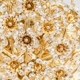 Small delicate ceiling light in gilded brass and cut glass in the shape of flowers by Palwa, Germany, 1970s.