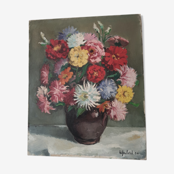 Tableau bouquet de dahlias vintage