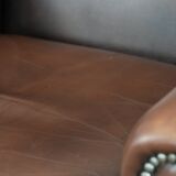 Brown smooth cow leather Chesterfield wingback armchair in English style