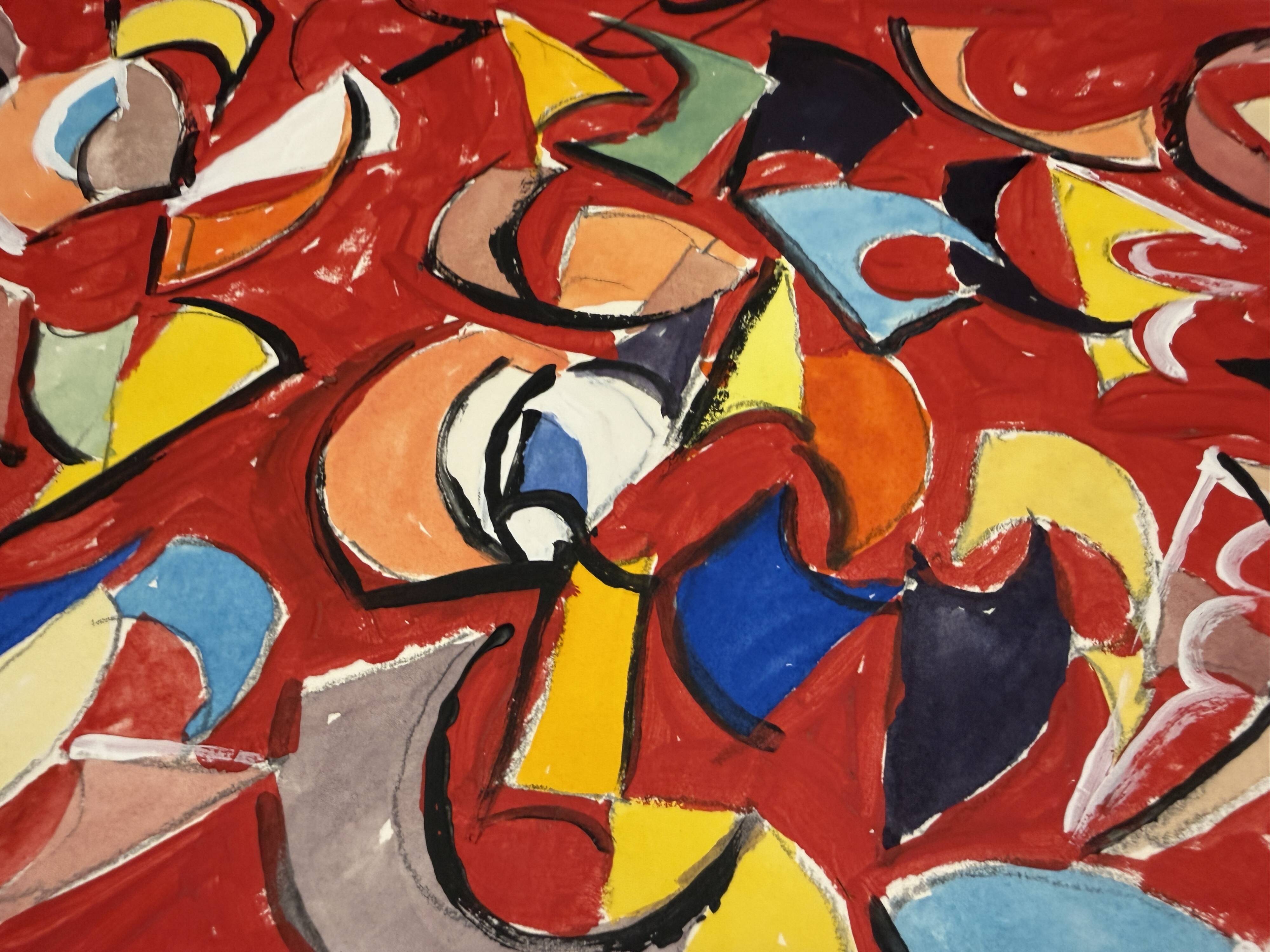 Helmut Dittmann – "Addition", Dynamic Abstract Painting on Red Ground, 1989
