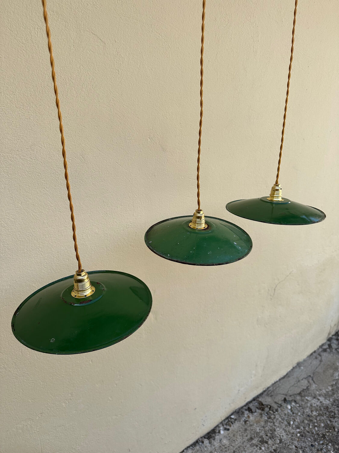 Trio of vintage pendant lights in green and white enameled sheet metal, industrial farmhouse decor