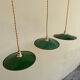 Trio of vintage pendant lights in green and white enameled sheet metal, industrial farmhouse decor