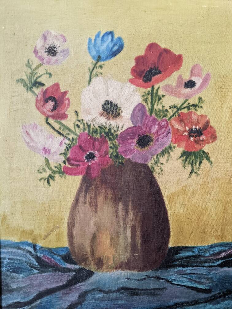 Acrylic painting on canvas, old still life, bouquet of flowers