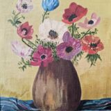 Acrylic painting on canvas, old still life, bouquet of flowers