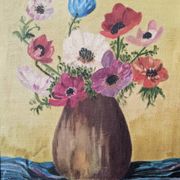 Acrylic painting on canvas, old still life, bouquet of flowers