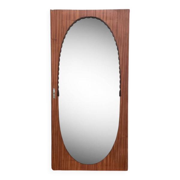Miroir oval biseauté sur porte art déco Acajou 79x162